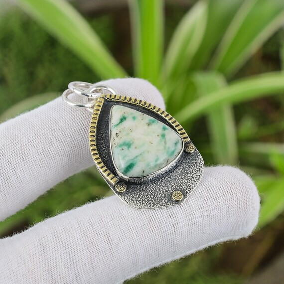 Handmade Trillion Variscite Pendant: 925 Sterling Silver, 18k Gold Plated