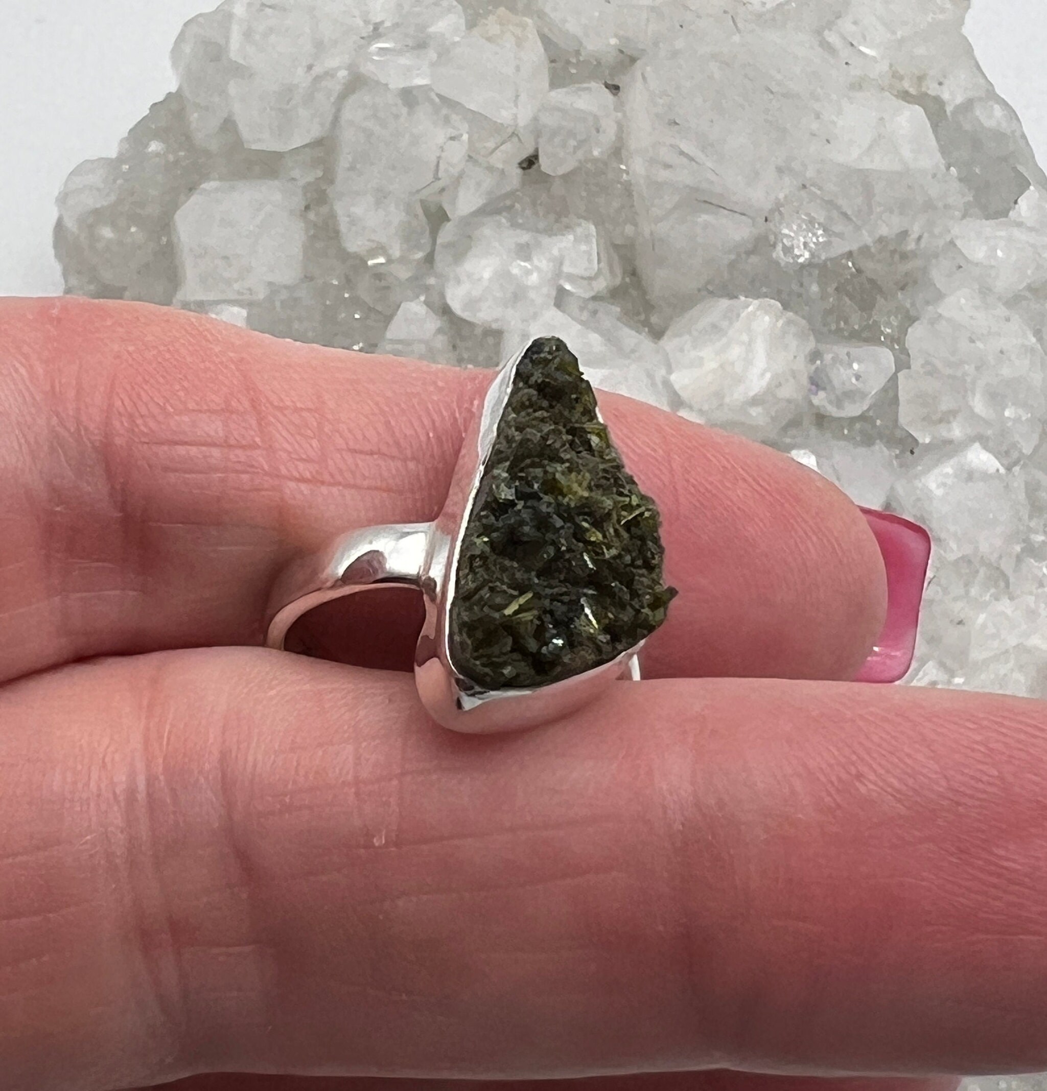 Green Variscite Druzy Crystal Ring, Size 6