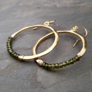Green vesuvianite and gold circle earrings, beaded crescent dangle, satin finish gold hoops with idocrase, 36 mm diameter Green vesuvianite and gold circle earrings, beaded crescent dangle, satin finish gold hoops with idocrase, 36 mm diameter