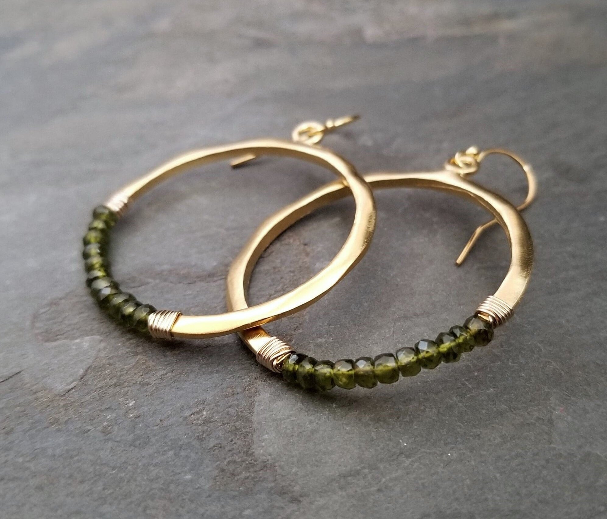 Green Vesuvianite And Gold Circle Earrings, Beaded Crescent Dangle, Satin Finish Gold Hoops With Idocrase, 36 Mm Diameter