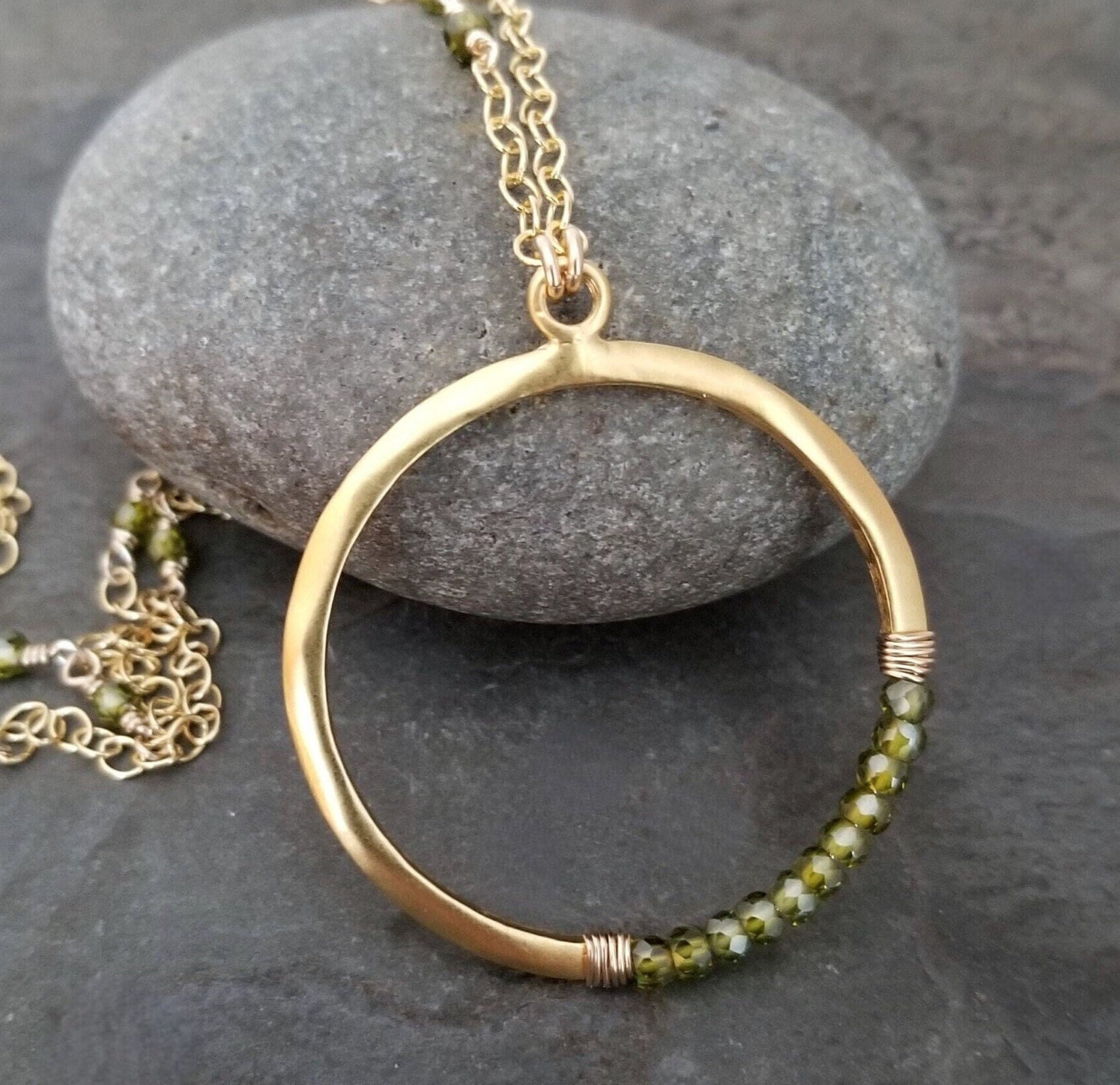 Olive Green Vesuvianite Circle Necklace, Gold Crescent Pendant With Idocrase Beads And Beaded Gold Filled Chain.