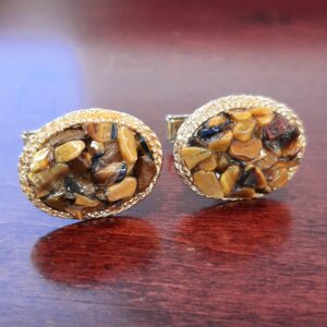 Vintage Cufflinks, Tigers Eye Cluster, Gemstone Mosaic Design, 1960s 1970s Style, Gold Tone Rope Frame, Retro Men's Jewelry Gift For Him