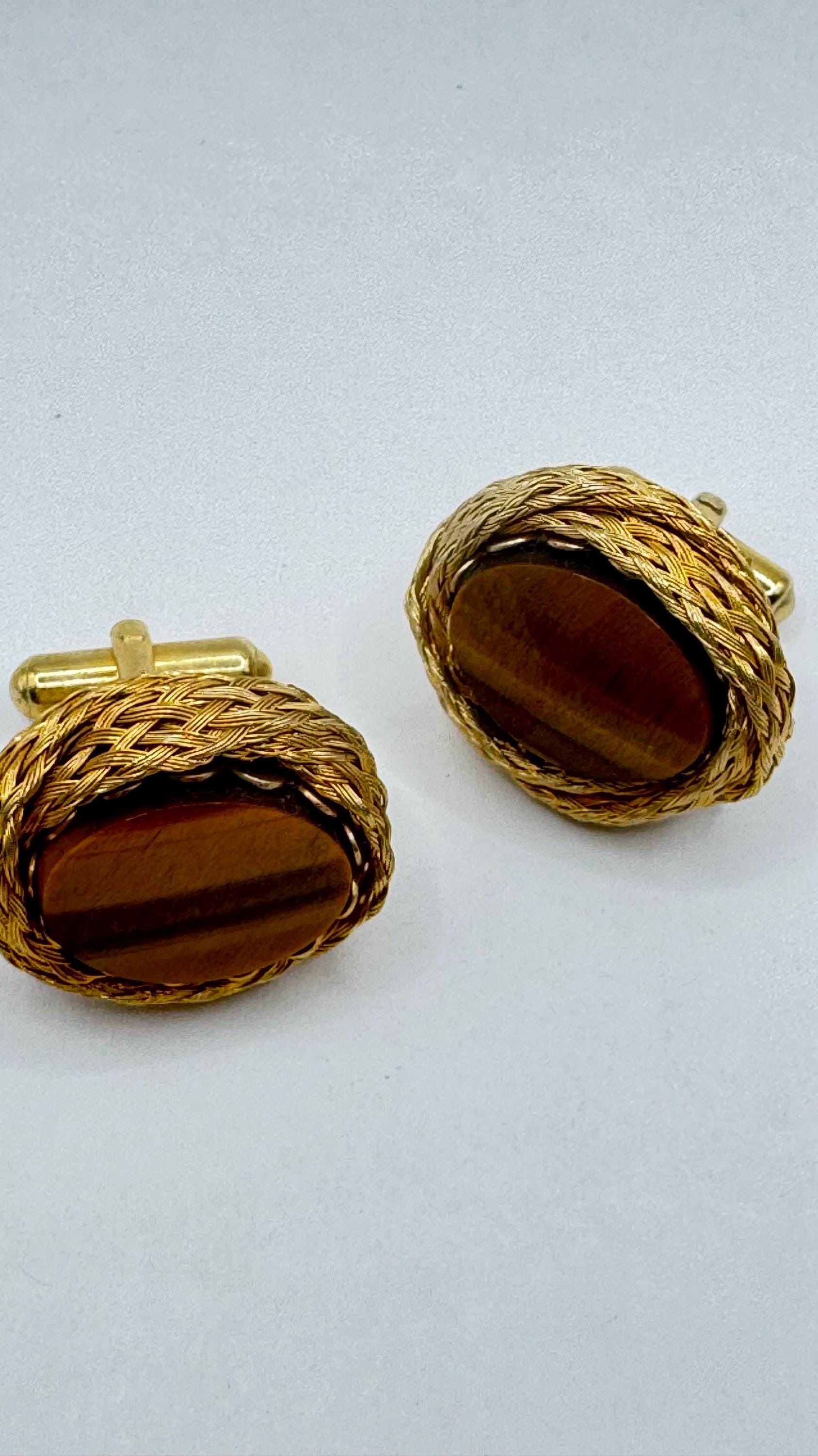 Vintage Deco, Gold Tigers Eye Cufflinks Cuff Links