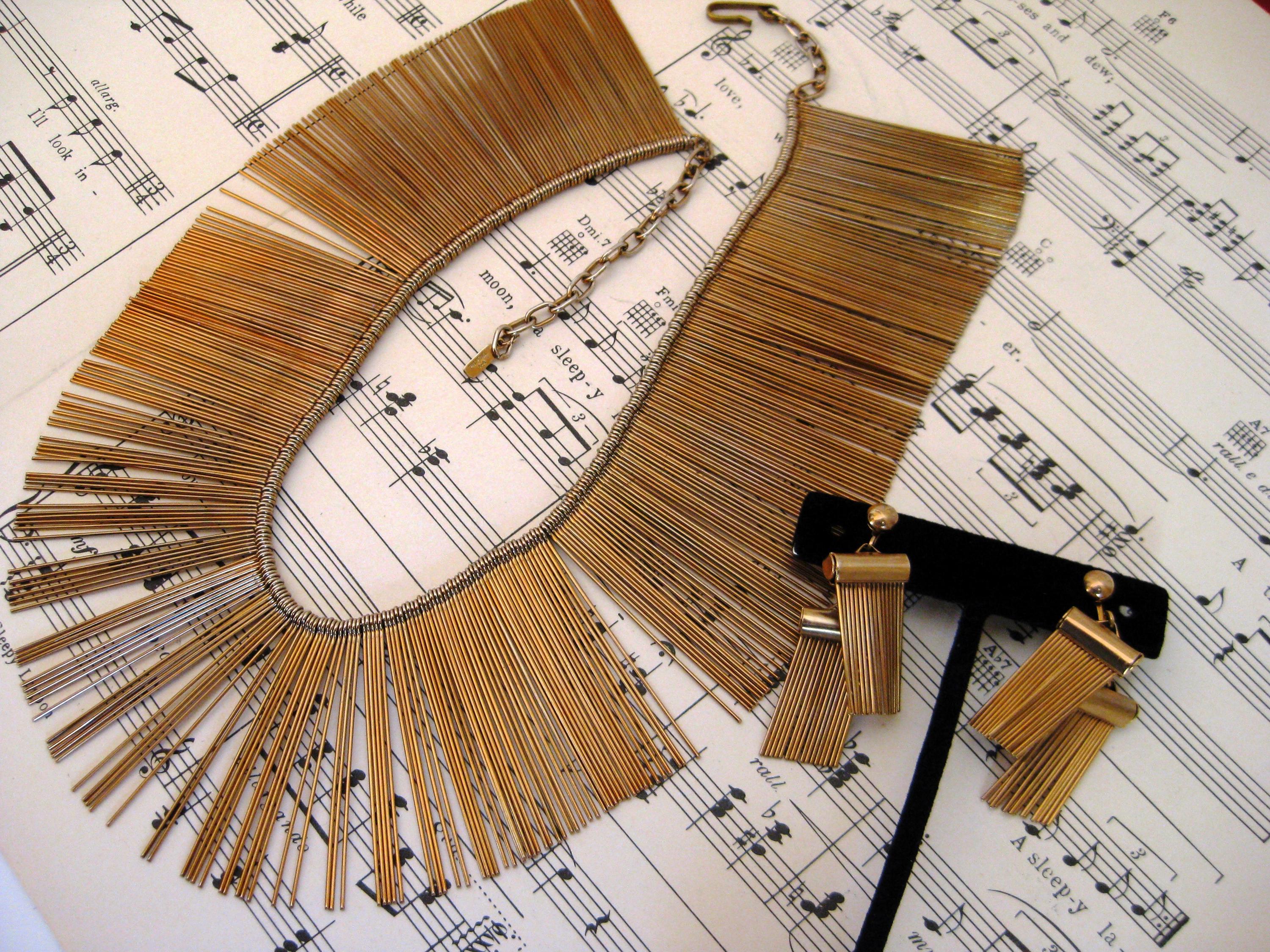 Necklace And Clip-on Earrings Set, Fringe Bib, Egyptian Revival Style, Vintage Find