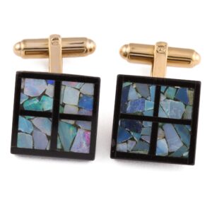 Vintage Opal Chip Mosaic Cufflinks Square Signed Hayward Black Frame Gold Tone Men's Suit Accessory Gemstone Cuff Links