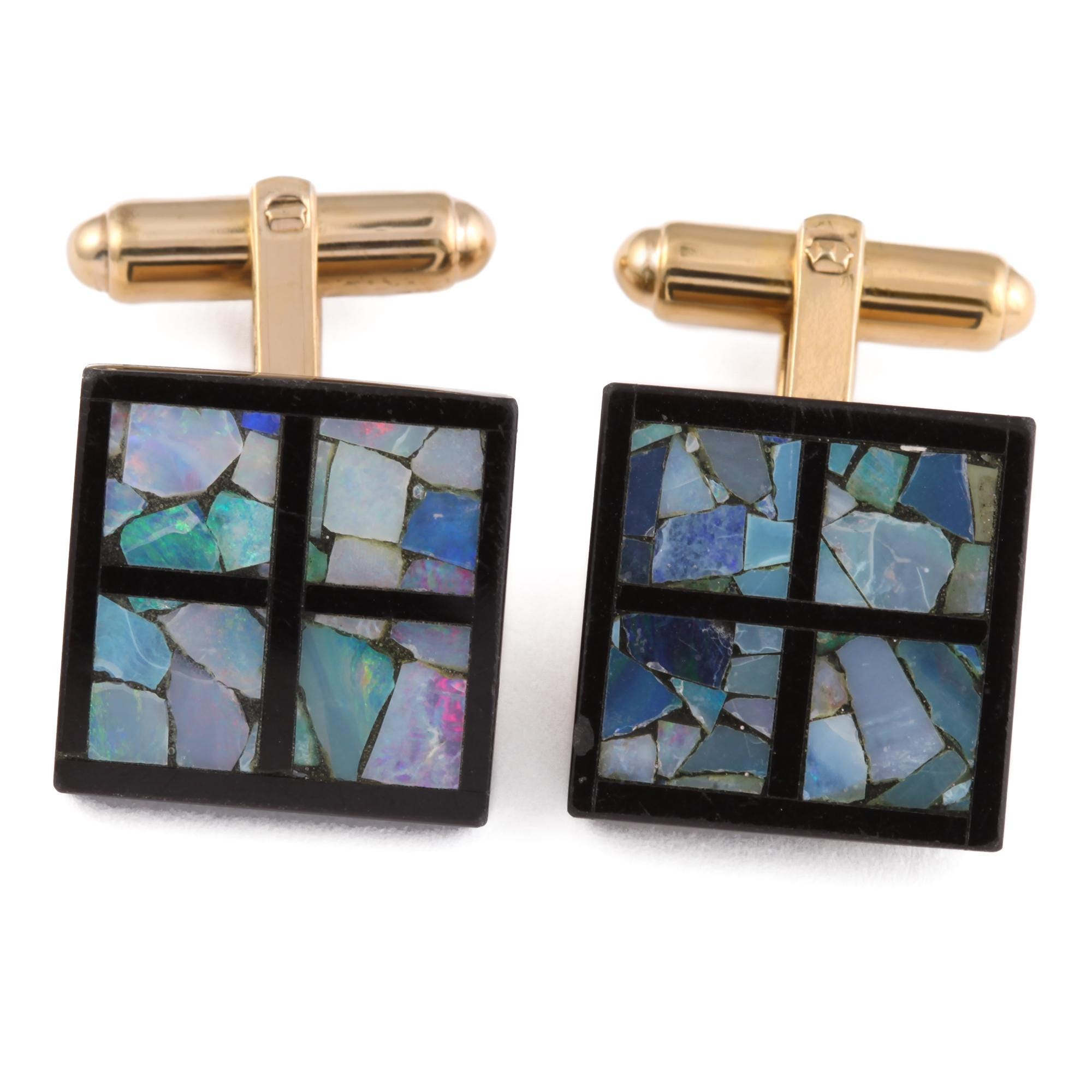 Vintage Opal Chip Mosaic Cufflinks Square Signed Hayward Black Frame Gold Tone Men's Suit Accessory Gemstone Cuff Links