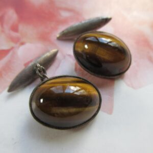 Vintage Tiger Eye Cabochon Cuff Links in Silver Tone