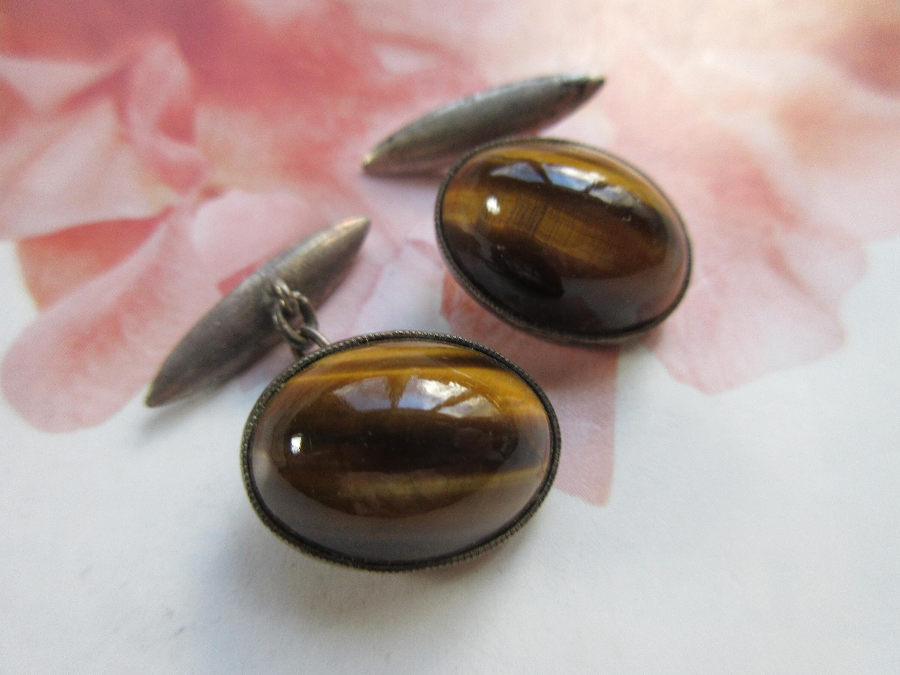 Vintage Tiger Eye Cabochon Cuff Links In Silver Tone