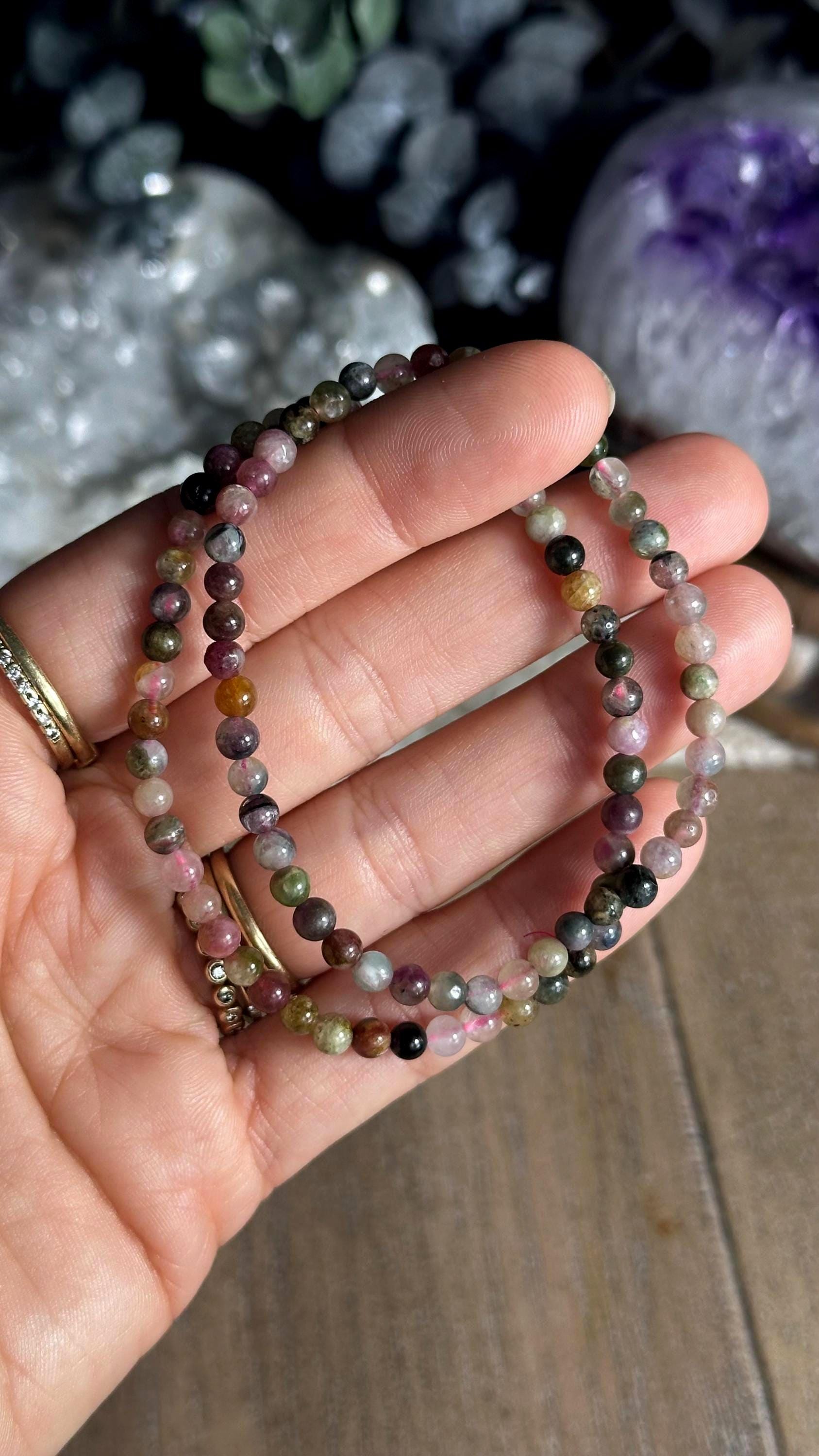 4mm Watermelon Tourmaline Bracelet: Crystal Beaded Boho Stretch Bracelet
