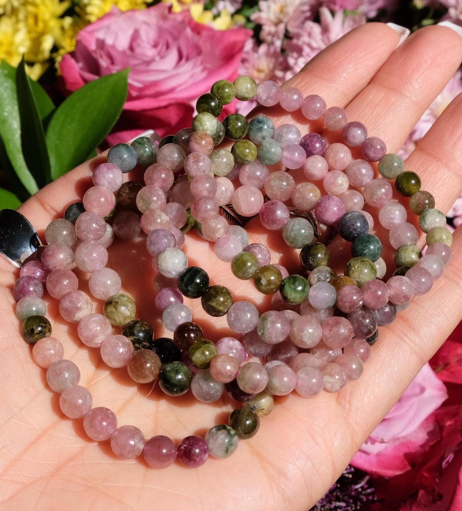 6-7mm Pink, Green Watermelon Tourmaline Stretch Crystal Bead Bracelet Heart Chakra Healing