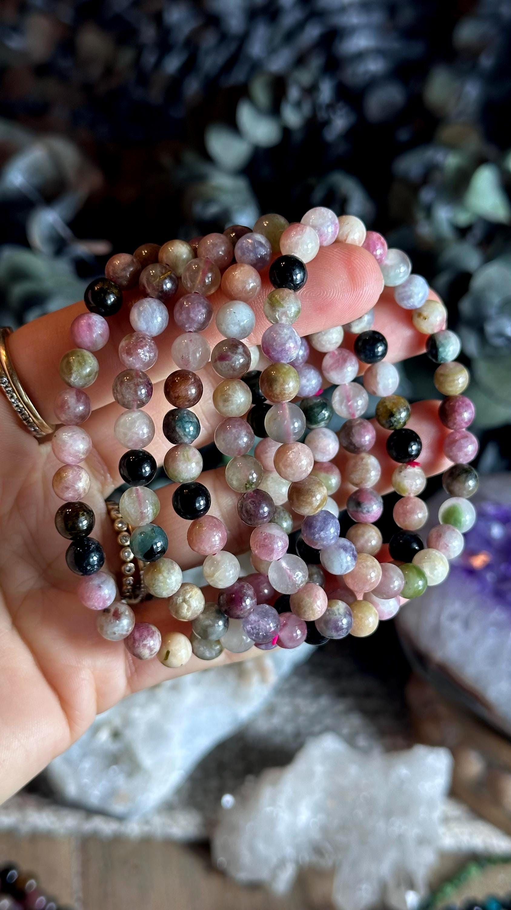 6mm Watermelon Tourmaline Bracelet: Crystal Beaded Boho Stretch Bracelet 6mm Watermelon Tourmaline Bracelet: Crystal Beaded Boho Stretch Bracelet