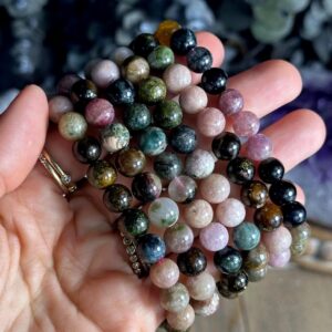 8mm Watermelon Tourmaline Bracelet: Crystal Beaded Boho Stretch Bracelet 8mm Watermelon Tourmaline Bracelet: Crystal Beaded Boho Stretch Bracelet