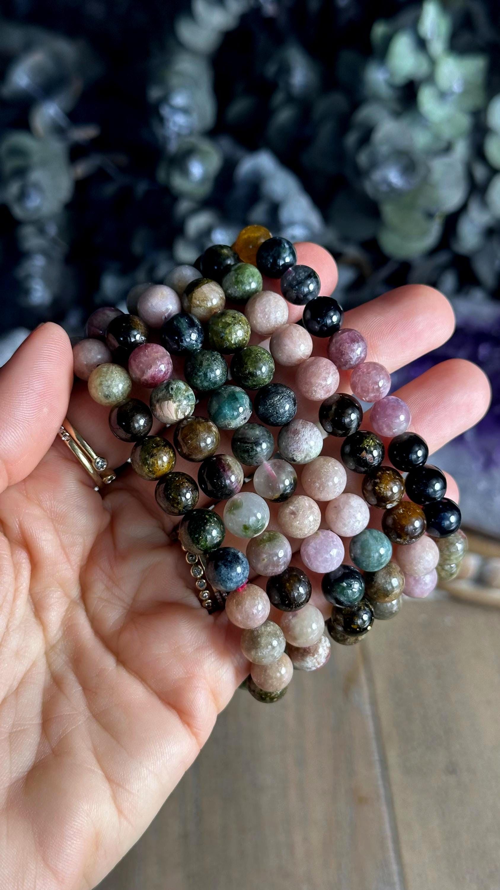 8mm Watermelon Tourmaline Bracelet: Crystal Beaded Boho Stretch Bracelet 8mm Watermelon Tourmaline Bracelet: Crystal Beaded Boho Stretch Bracelet