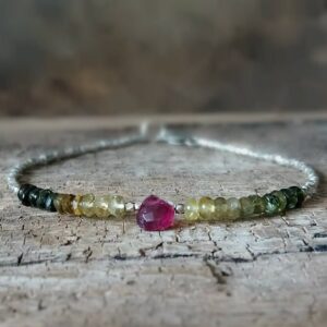 Watermelon Tourmaline And Karen Hill Silver Beads Bracelet, Ombre Bracelet, October Jewellery