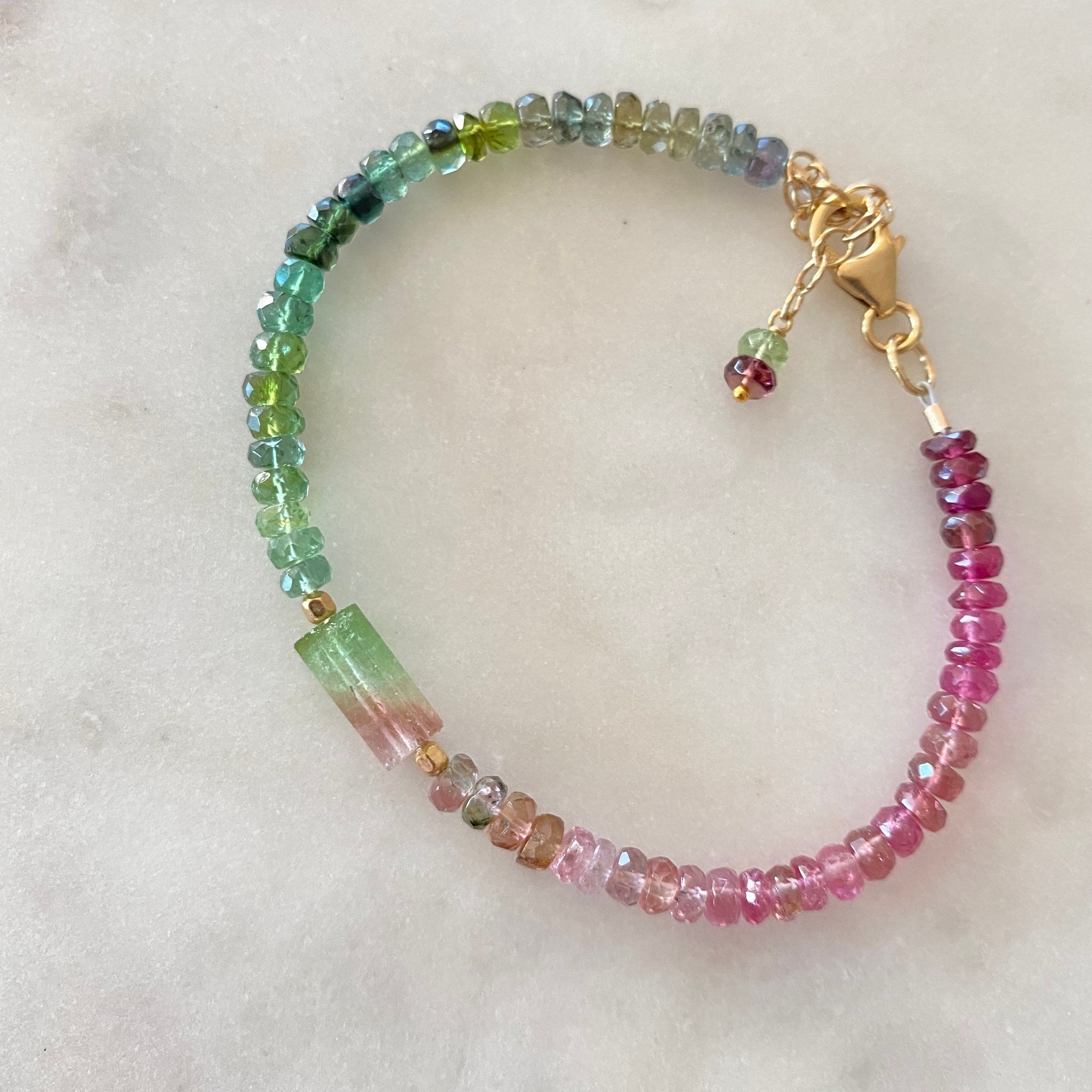 Watermelon Tourmaline Beaded Bracelet, Gold Filled Jewelry