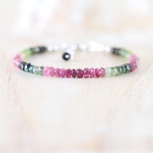 Watermelon Tourmaline Beaded Bracelet In Sterling Silver, Gold Or Rose Gold Filled, 3.5mm Multi Color Gemstone