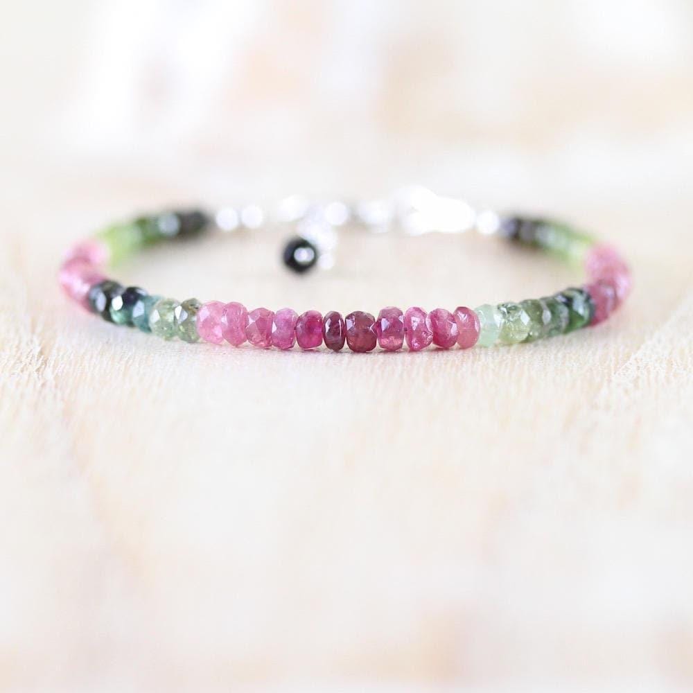 Watermelon Tourmaline Beaded Bracelet In Sterling Silver, Gold Or Rose Gold Filled, 3.5mm Multi Color Gemstone Watermelon Tourmaline Beaded Bracelet In Sterling Silver, Gold Or Rose Gold Filled, 3.5mm Multi Color Gemstone