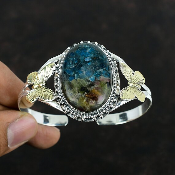 Copper Watermelon Tourmaline Bangle: 925 Sterling Silver Cuff With Butterfly