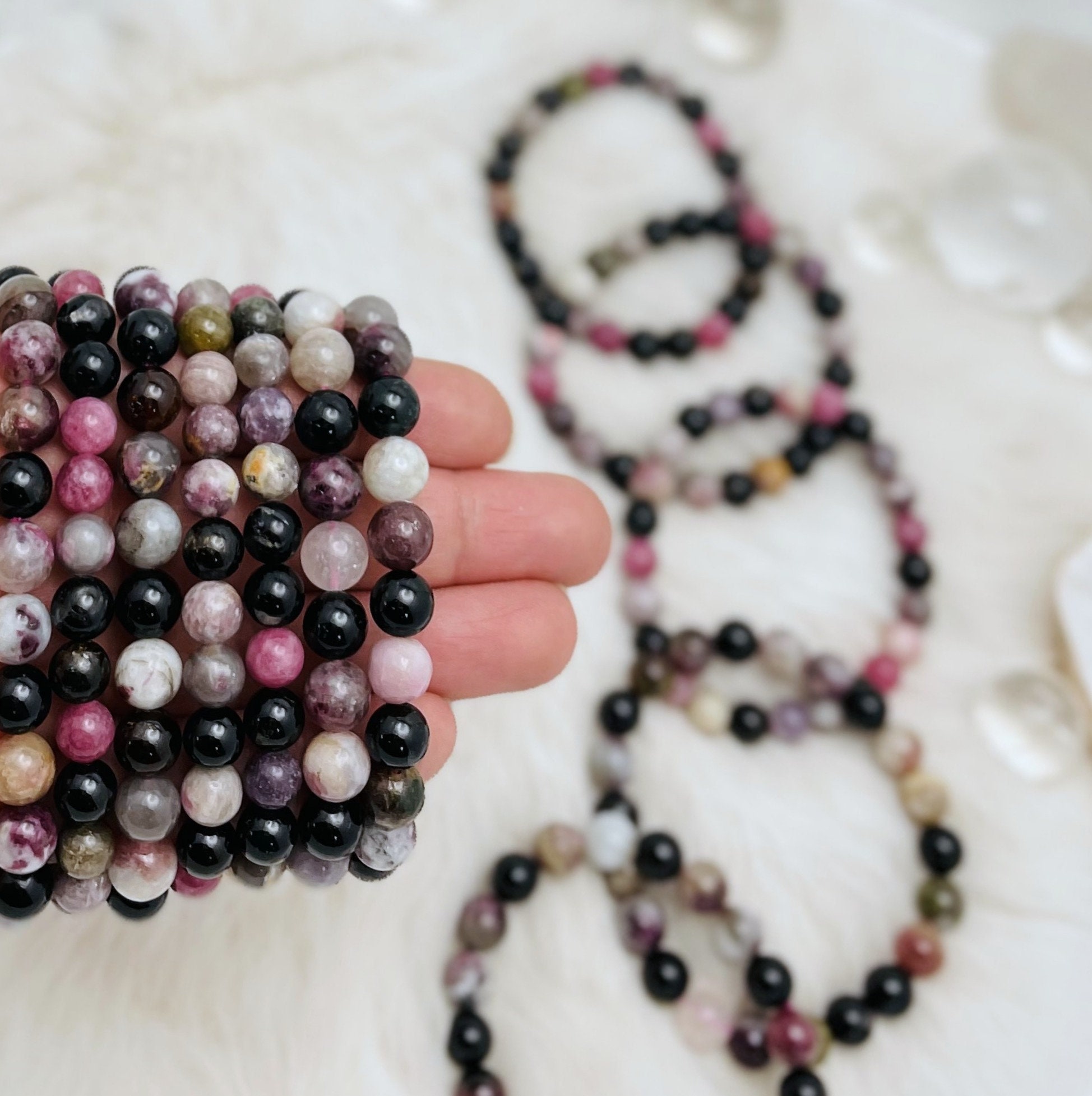Watermelon Tourmaline Crystal Bracelet, Round Gemstone Beads