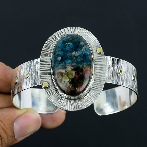 Watermelon Tourmaline Cuff Bracelet: Handmade 925 Sterling Silver Bangle