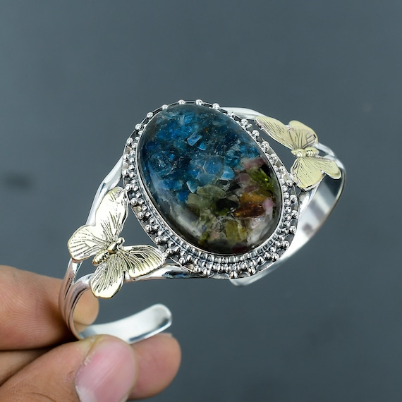 Watermelon Tourmaline Cuff: Sterling Silver Adjustable Butterfly Bangle Watermelon Tourmaline Cuff: Sterling Silver Adjustable Butterfly Bangle