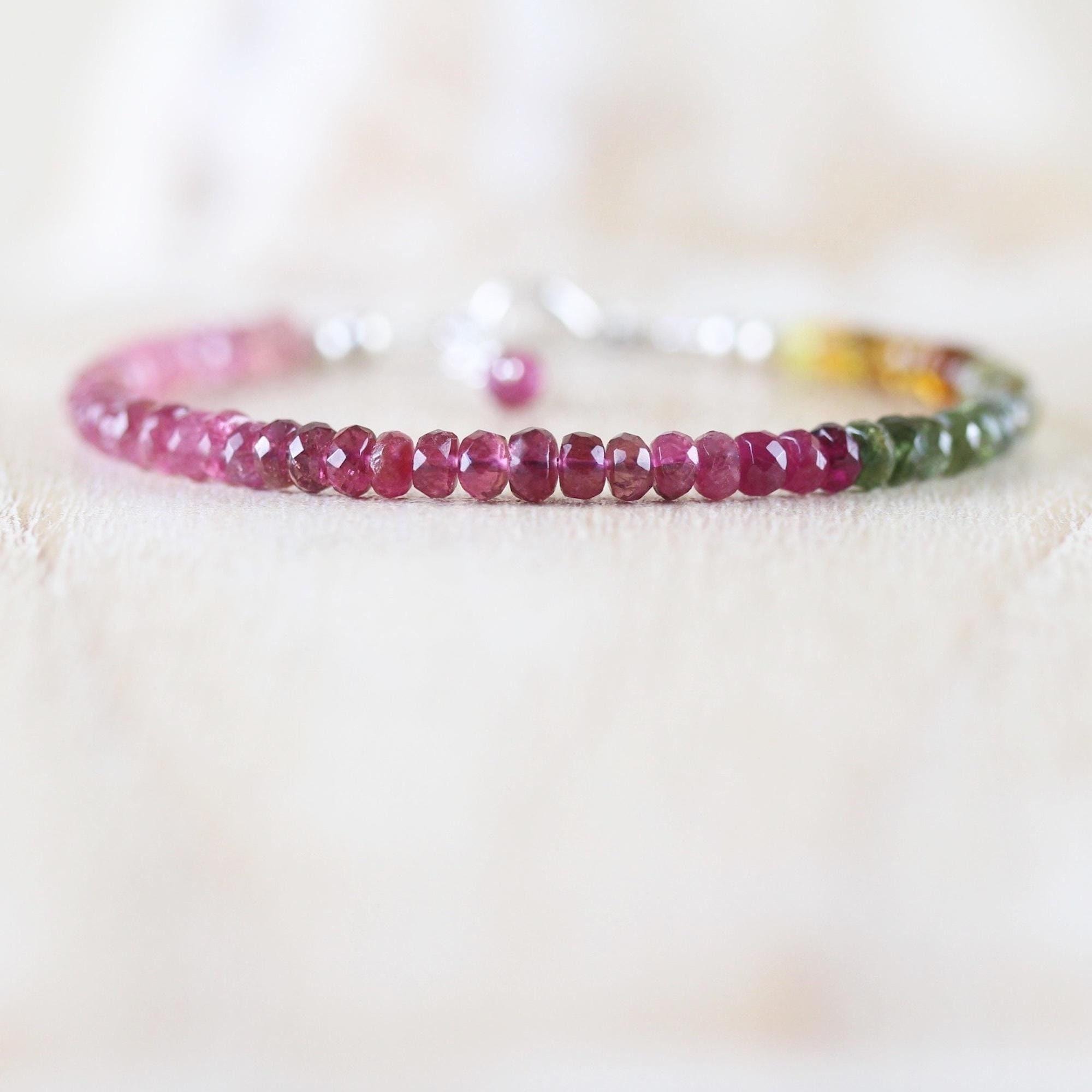 Watermelon Tourmaline Dainty Bracelet, Sterling Silver, Gold Or Rose Gold Filled, Ombre Pink & Green Multi Color Gemstone 4mm Faceted Beads