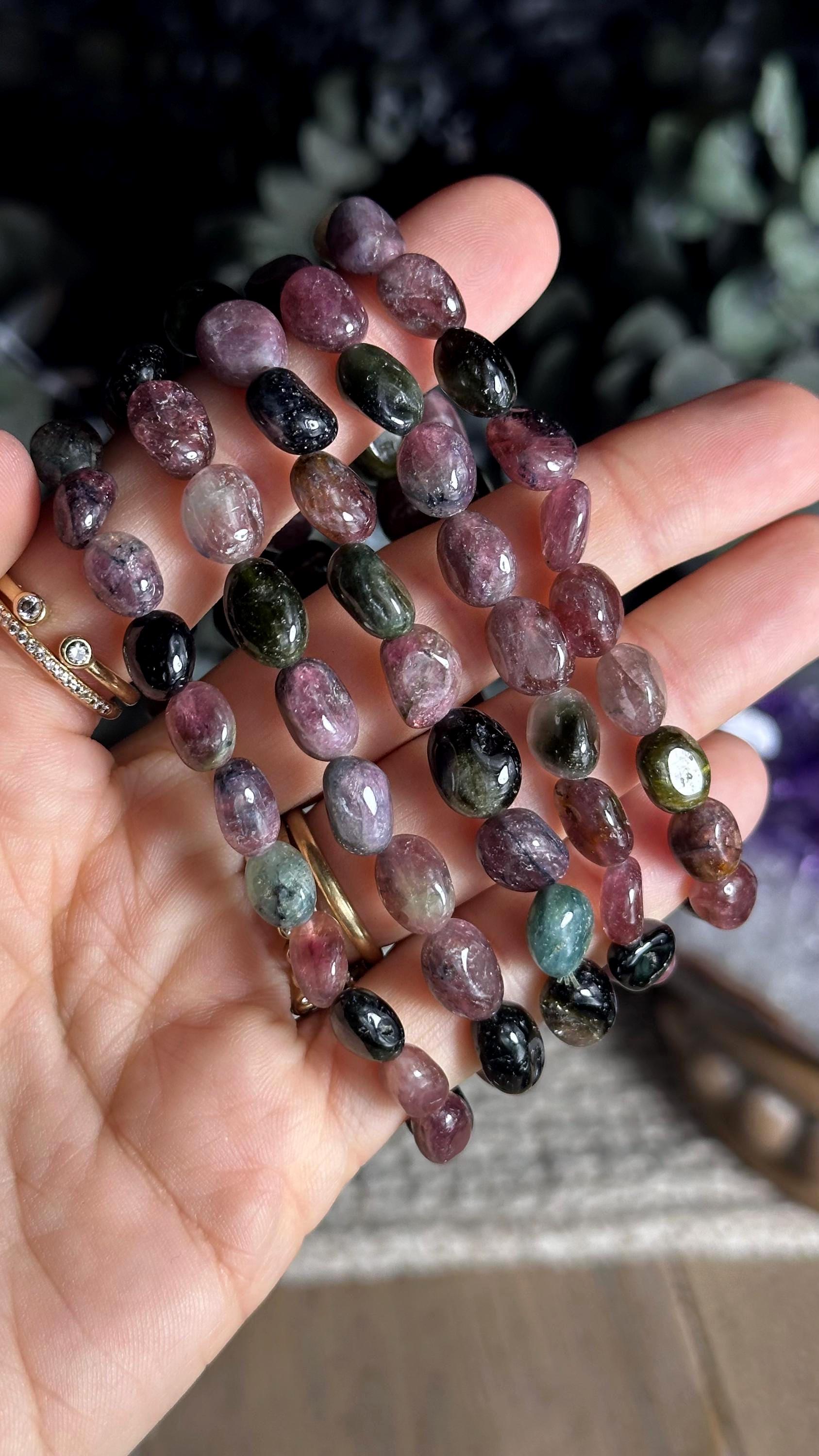 High Quality Tumbled Watermelon Tourmaline Crystal Rondelle Beaded Bracelet