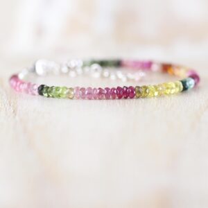 Watermelon Tourmaline Bracelet In Sterling Silver, Gold Or Rose Gold Filled, Multi Color Gemstone Dainty Stack Bracelet, 3.5mm Faceted Beads Watermelon Tourmaline Bracelet In Sterling Silver, Gold Or Rose Gold Filled, Multi Color Gemstone Dainty Stack Bracelet, 3.5mm Faceted Beads