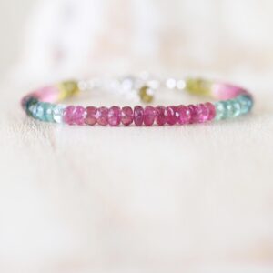 Watermelon Tourmaline Bracelet In Sterling Silver, Gold Or Rose Gold Filled, Multi Color Gemstone Boho Jewelry With 4 To 4.5mm Faceted Beads Watermelon Tourmaline Bracelet In Sterling Silver, Gold Or Rose Gold Filled, Multi Color Gemstone Boho Jewelry With 4 To 4.5mm Faceted Beads