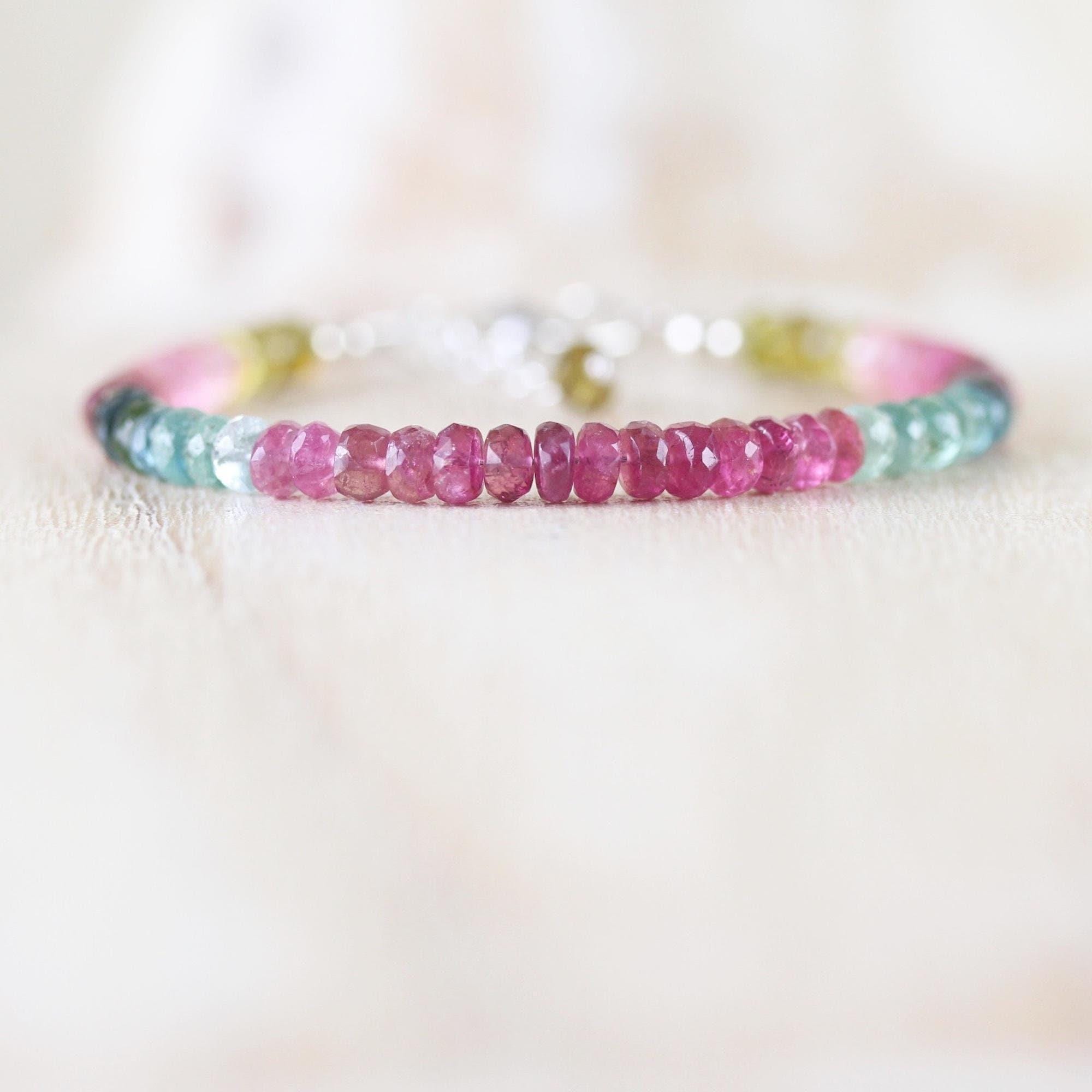 Watermelon Tourmaline Bracelet In Sterling Silver, Gold Or Rose Gold Filled, Multi Color Gemstone Boho Jewelry With 4 To 4.5mm Faceted Beads