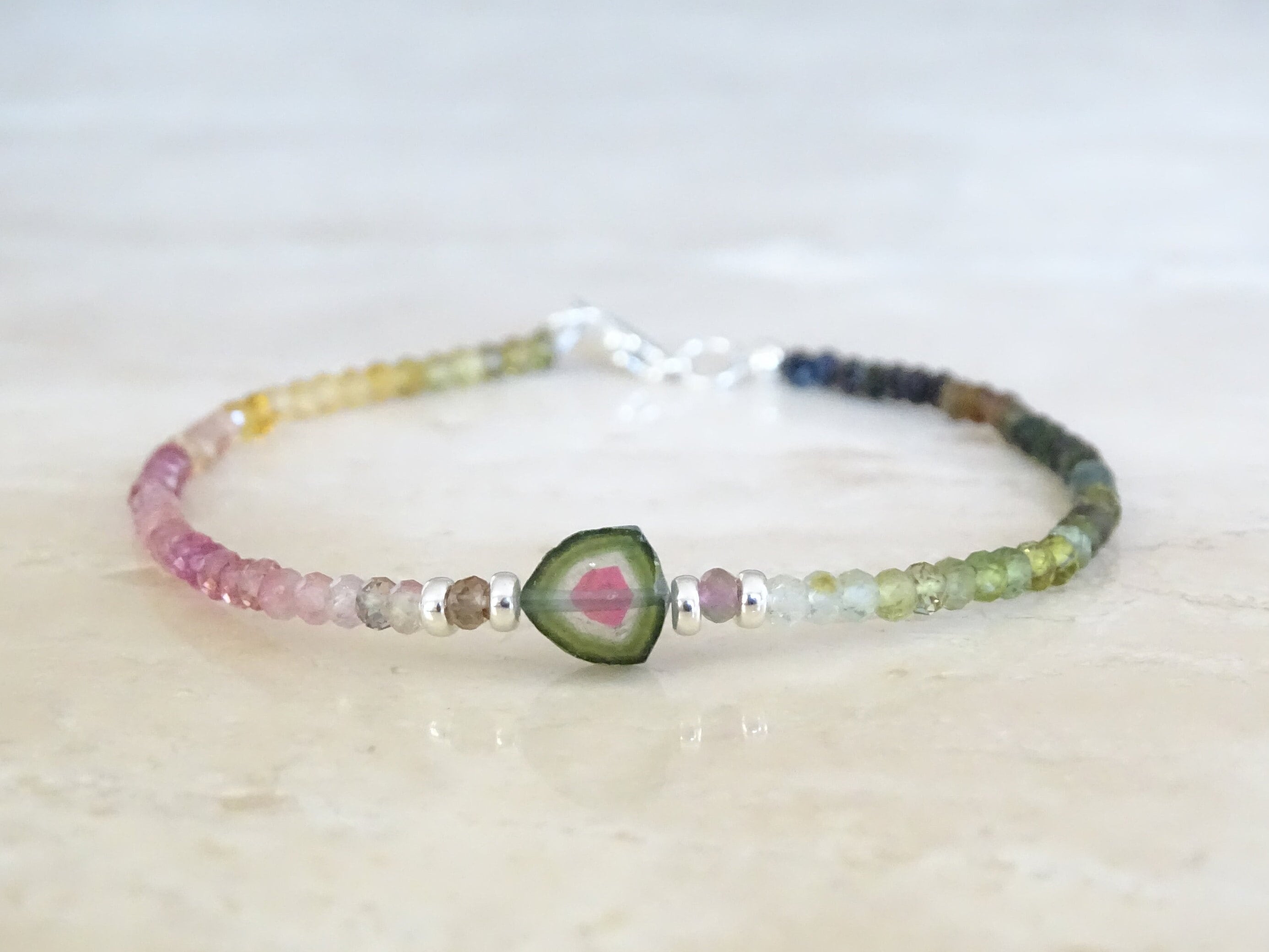 Watermelon Tourmaline Bracelet, Mother's Gift, Birthday Gift For Her, Gift For Friend, Bi-color Tourmaline Slice, Gemstone Beaded Jewelry