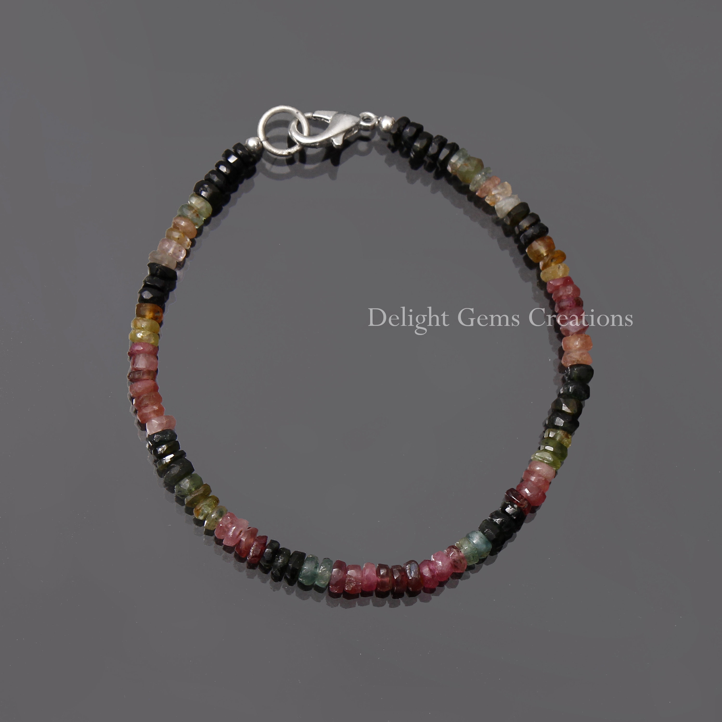 Watermelon Tourmaline Bracelet, Multi Tourmaline Beaded Bracelet, 4mm Multi Tourmaline Faceted Rondelle Beads Bracelet, October Birthstone