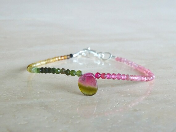 October Birthday Gift For Her, Watermelon Tourmaline Bracelet, Ultra Dainty Stacking Tourmaline Beaded