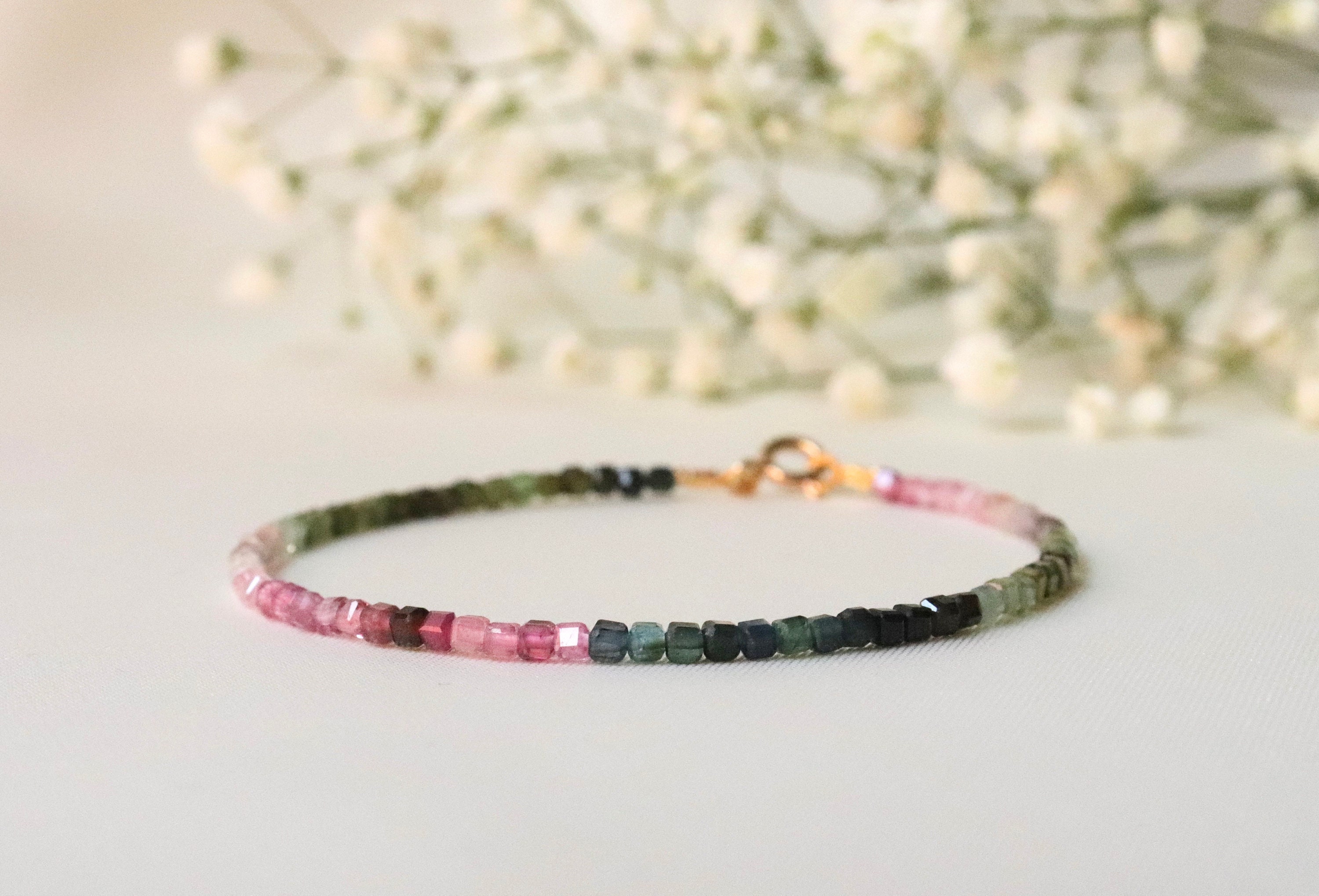 Watermelon Tourmaline Bracelet, October Birthstone, Ombre Bracelet, 2mm Bead Bracelet, Womens Bracelet, Gifts For Her