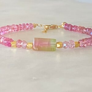 Watermelon Tourmaline Bracelet, Pink Rondelle Beads, Gold Filled Clasp Watermelon Tourmaline Bracelet, Pink Rondelle Beads, Gold Filled Clasp