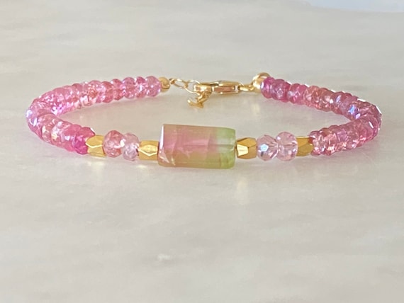 Watermelon Tourmaline Bracelet, Pink Rondelle Beads, Gold Filled Clasp Watermelon Tourmaline Bracelet, Pink Rondelle Beads, Gold Filled Clasp