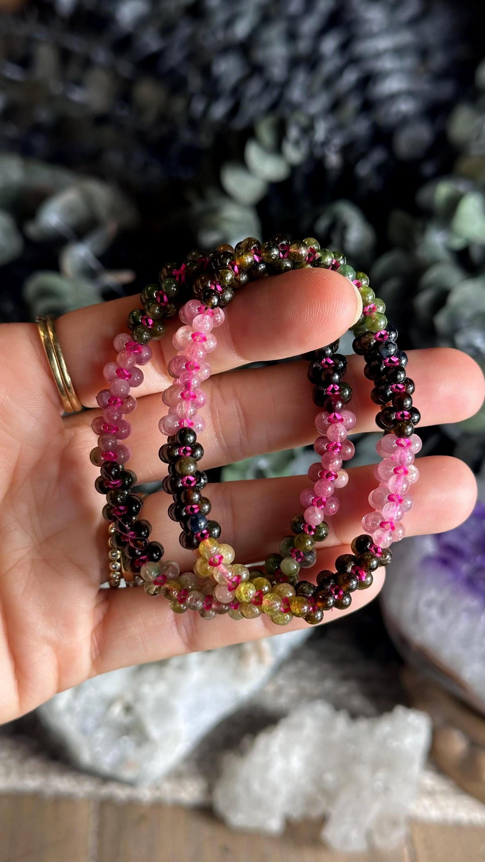 Watermelon Tourmaline Seed Beed Layered Bracelet