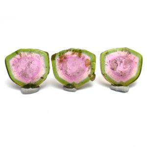 15.690 Carats Watermelon Tourmaline Cabochon Sliced Set For Pendant And Earrings Three Stones Natural Gems Trillion Handmade Designer 15.690 Carats Watermelon Tourmaline Cabochon Sliced Set For Pendant And Earrings Three Stones Natural Gems Trillion Handmade Designer