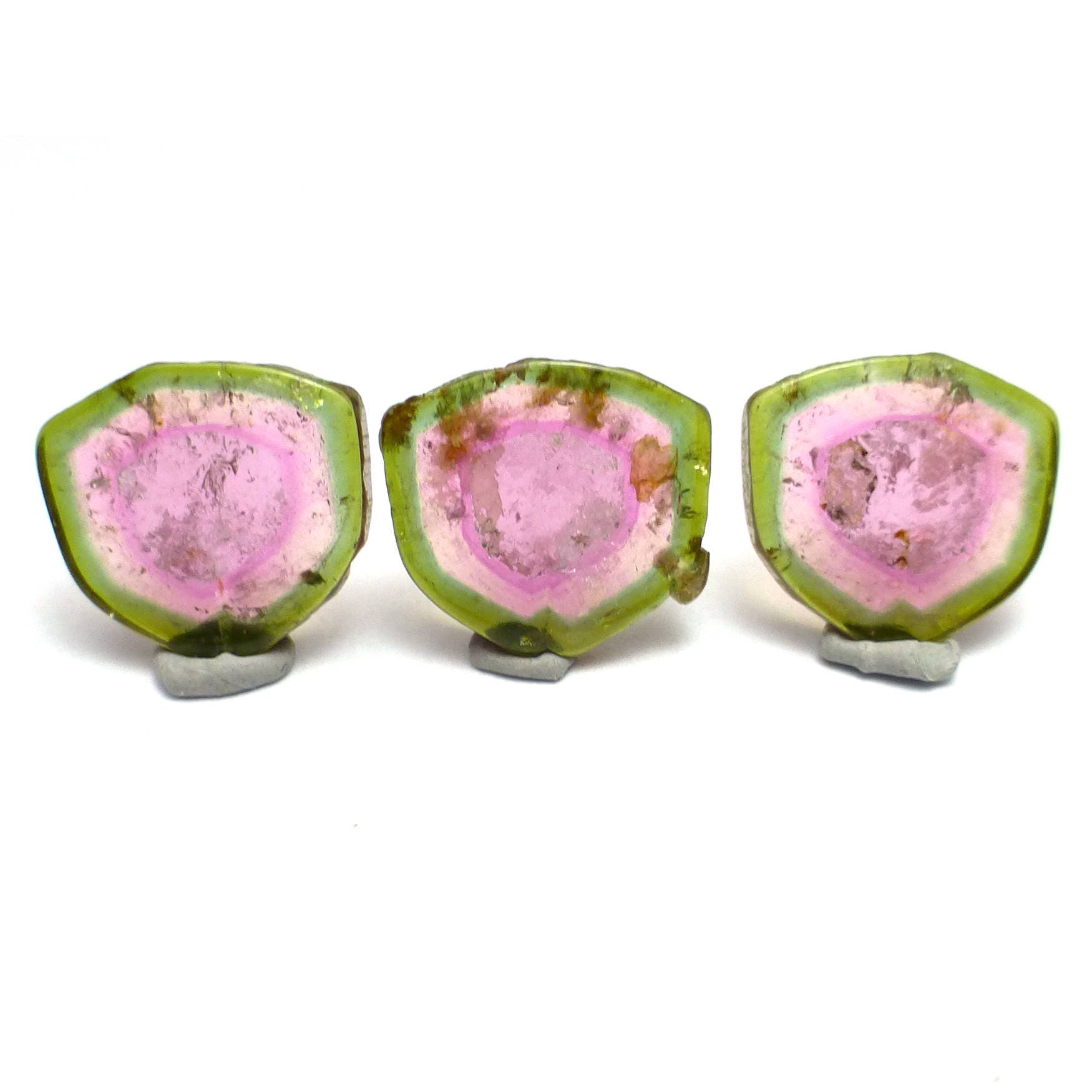 15.690 Carats Watermelon Tourmaline Cabochon Sliced Set For Pendant And Earrings Three Stones Natural Gems Trillion Handmade Designer