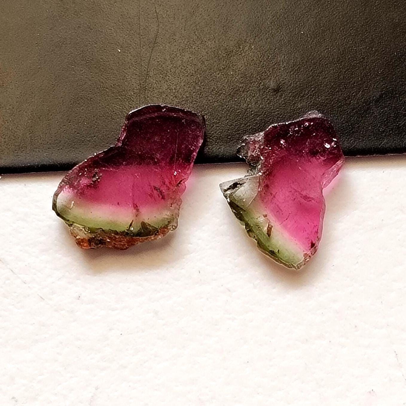 Watermelon Tourmaline Slices, Matched Pair 2 Pcs Raw Watermelon Tourmaline Slices, 7.5x11mm - Vicp290m2