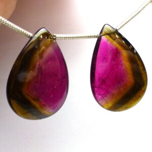 22.240 Carats Watermelon Tourmaline Beads Pair Smooth Briolette Pink Green Banded Natural Color One Of A Kind Pear Earrings Rubellite