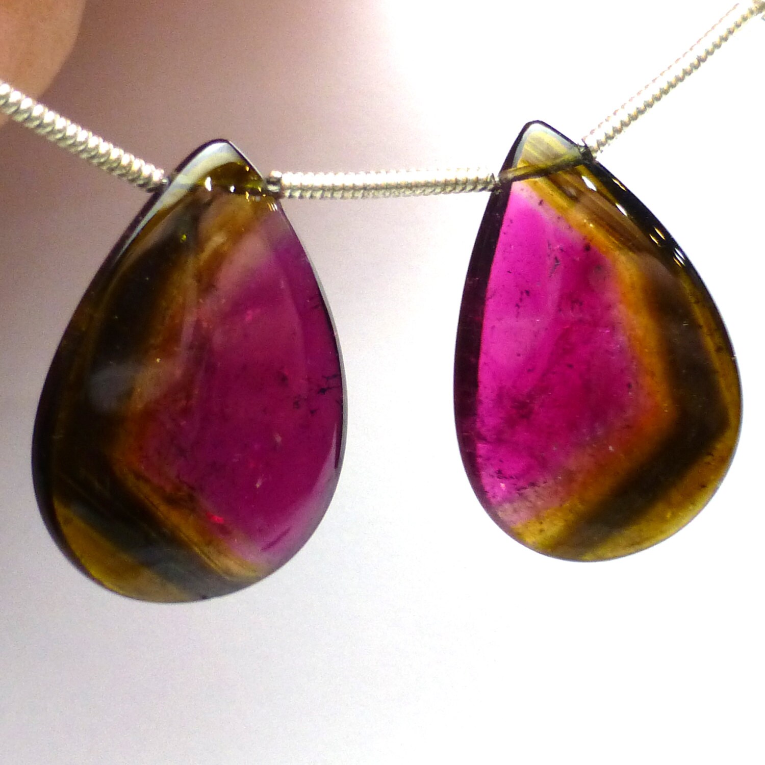 22.240 Carats Watermelon Tourmaline Beads Pair Smooth Briolette Pink Green Banded Natural Color One Of A Kind Pear Earrings Rubellite