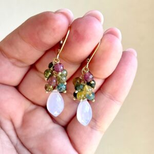 Watermelon Tourmaline and Chalcedony Statement Earrings, October Birthstone, Multicolor and Lavender Clusters Gold or Silver, Gift for her