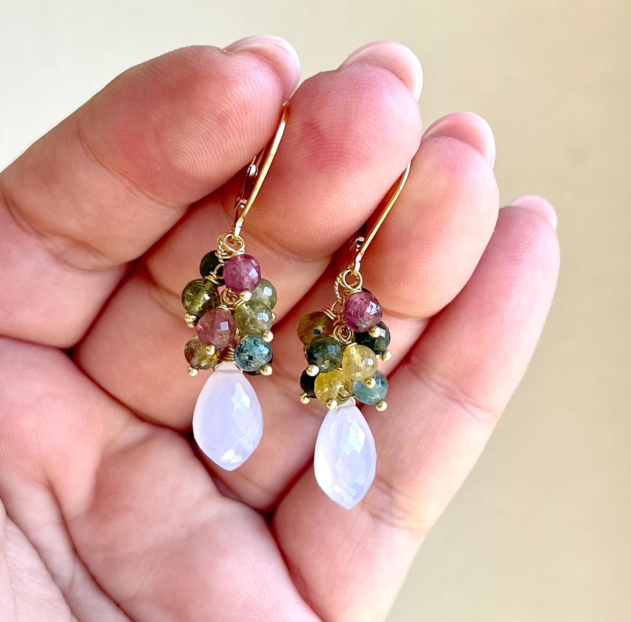 Watermelon Tourmaline And Chalcedony Statement Earrings, October Birthstone, Multicolor And Lavender Clusters Gold Or Silver, Gift For Her