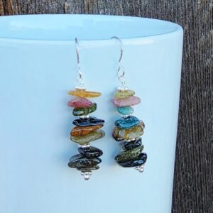 Watermelon Tourmaline Chip Gemstone Dangle Earrings Sterling Silver, Colorful Stacked Gemstone Earrings, 2 Inch Earrings, Handmade Earrings