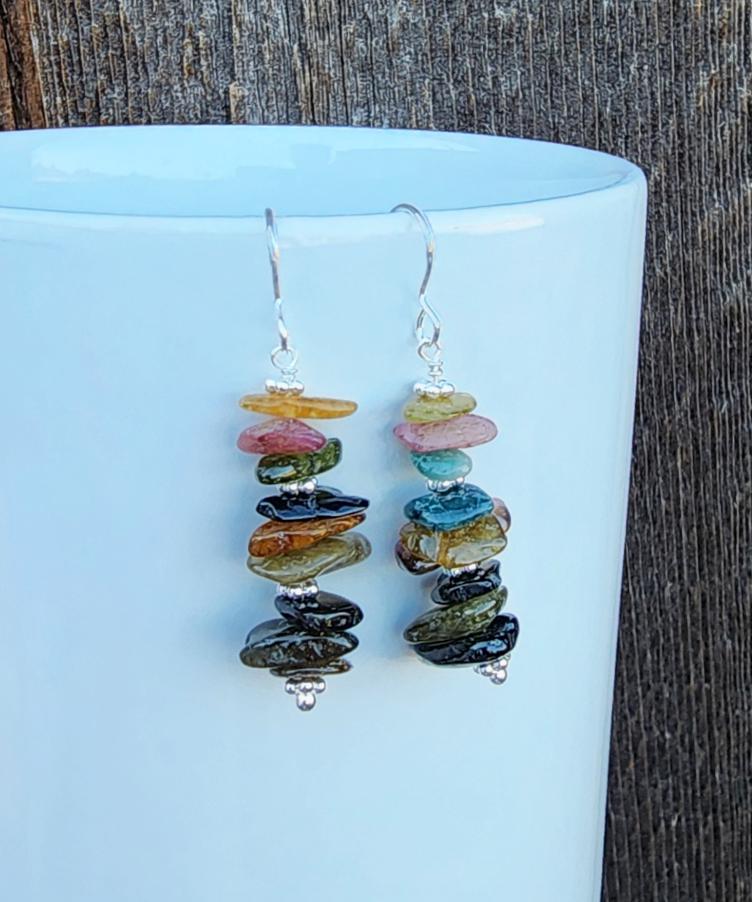 Watermelon Tourmaline Chip Gemstone Dangle Earrings Sterling Silver, Colorful Stacked Gemstone Earrings, 2 Inch Earrings, Handmade Earrings