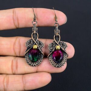 Watermelon Tourmaline Earrings, Copper Wire Wrapped Earrings, Tourmaline Gemstone Earrings Handmade Dangle Earrings Jewelry Wedding Gifts