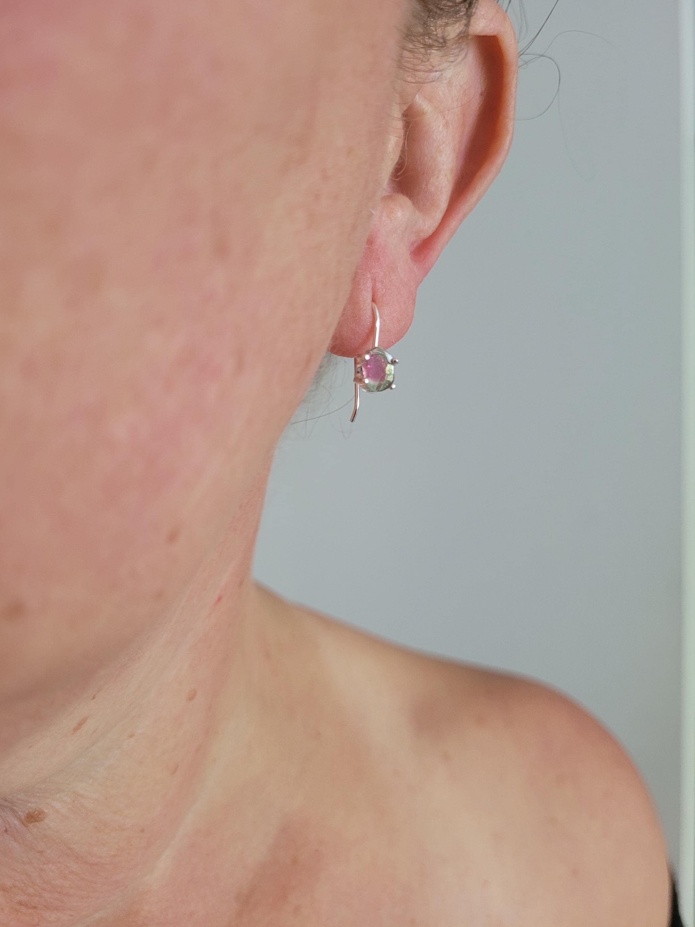 Dainty Watermelon Tourmaline Earrings. Genuine Watermelon Tourmaline.