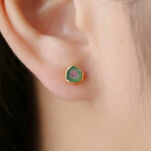 Dainty Raw Watermelon Tourmaline Earrings, 24k Gold Filled Dainty Raw Watermelon Tourmaline Earrings, 24k Gold Filled