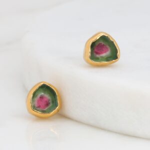 Dainty Raw Watermelon Tourmaline Slice Earrings • Evil Eye Stone • 24k Gold Filled Dainty Raw Watermelon Tourmaline Slice Earrings • Evil Eye Stone • 24k Gold Filled